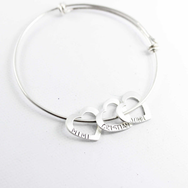 Heart Expandable Bangle Bracelet - Up to 4 hearts with names or dates - Bracelet - Completely Hammered - Completely Wired