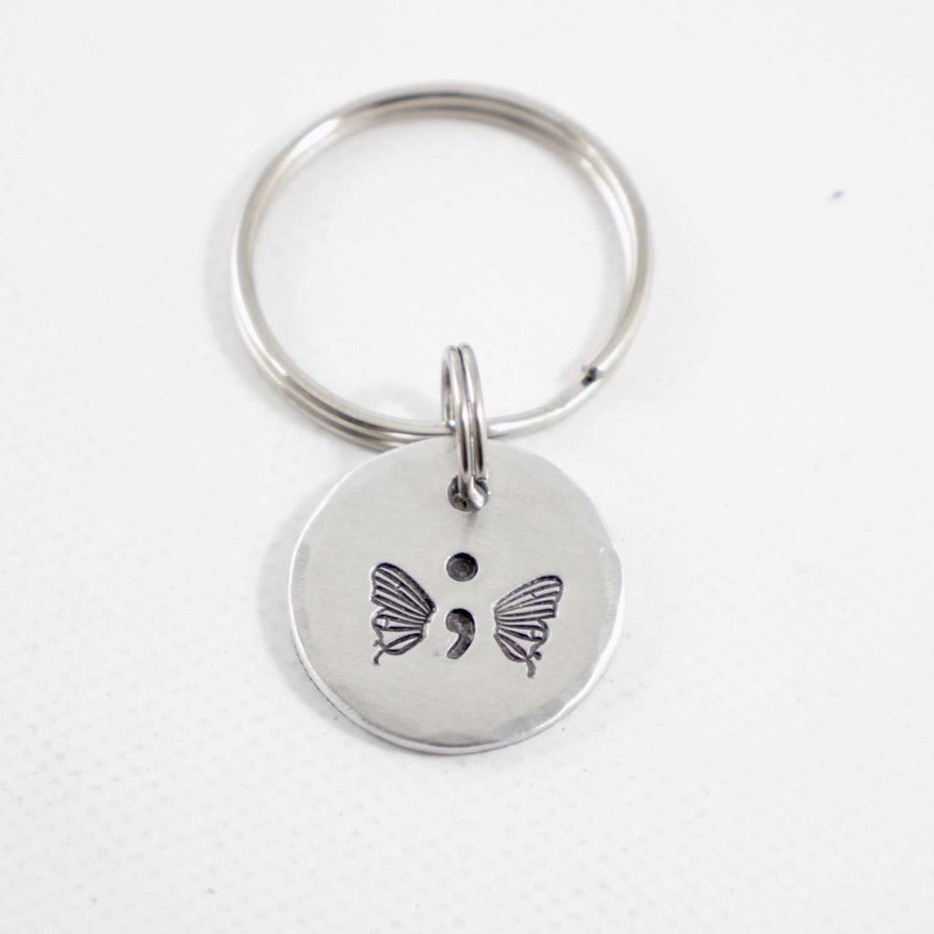 Hand Stamped Semi Colon Butterfly Keychain Completely Hammered