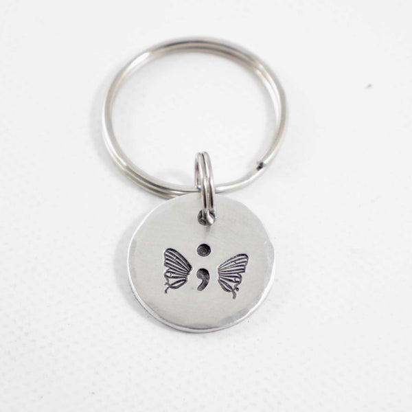 Hand Stamped Semi Colon Butterfly Keychain - Completely Hammered