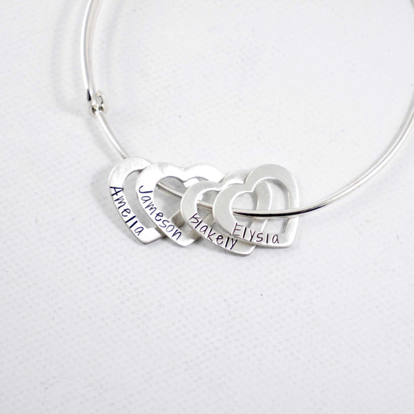Heart Expandable Bangle Bracelet - Up to 4 hearts with names or dates - Bracelet - Completely Hammered - Completely Wired