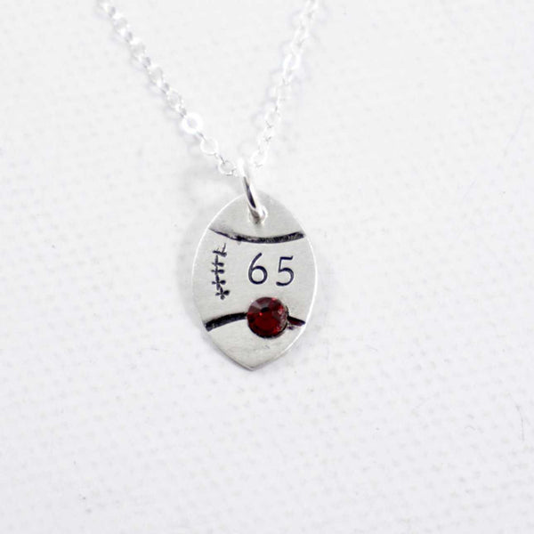 Football with Number and Crystal Sterling Silver Charm Necklace - Necklaces - Completely Hammered - Completely Wired