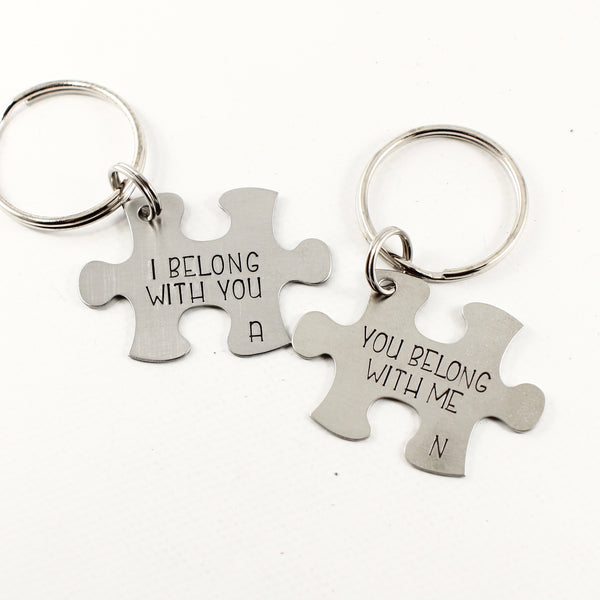 "I belong with you You belong with me" Interlocking Puzzle piece keychain set (2 pieces) - Keychains - Completely Hammered - Completely Wired