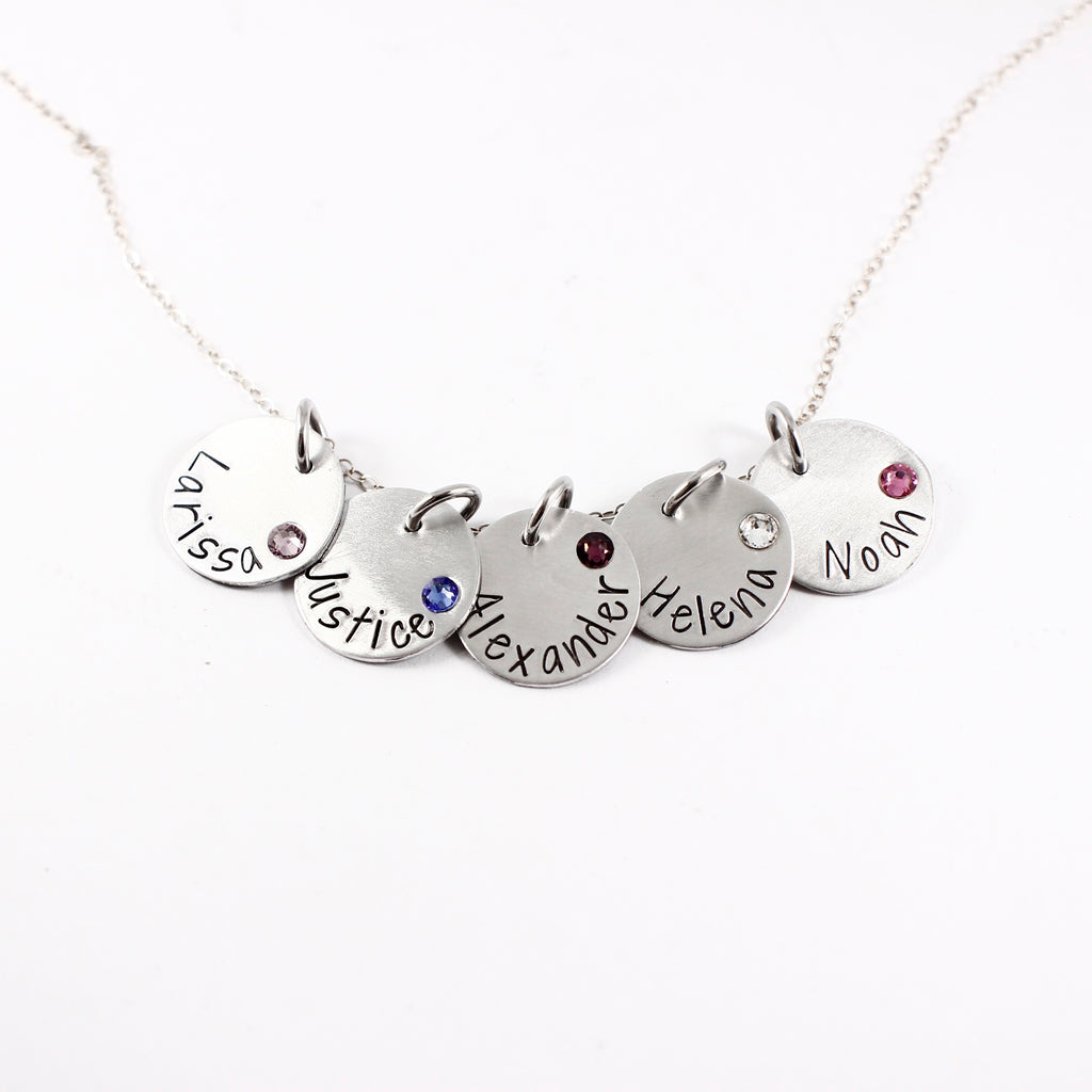 Name charm necklace / Mother necklace - your choice of 1-5 disks with birthstone crystal - Necklaces - Completely Hammered - Completely Wired
