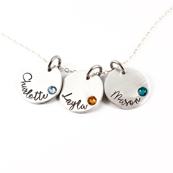 Name charm necklace / Mother necklace - your choice of 1-5 disks with birthstone crystal - Necklaces - Completely Hammered - Completely Wired