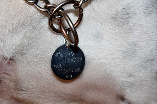 1.25 inch "I'm a LOVER, not a FIGHTER" Personalized Pet ID tag (Pet's name & your phone on back) - Completely Hammered