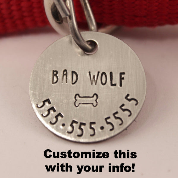 1 inch Personalized Dog ID Tag / Cat tag - one side - Name, phone & bone only - Completely Hammered