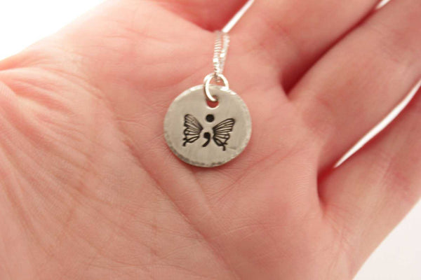 "Hope" Hand Stamped Semi Colon Butterfly Necklace - Sterling Silver - Completely Hammered