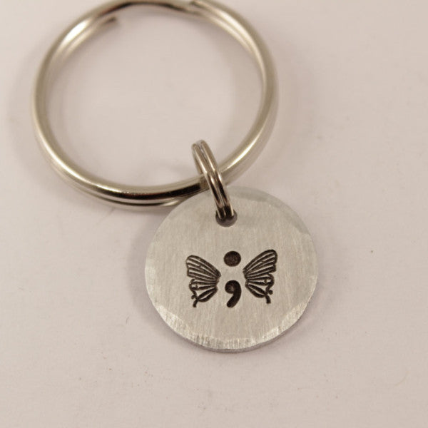 Hand Stamped Semi Colon Butterfly Keychain Completely Hammered
