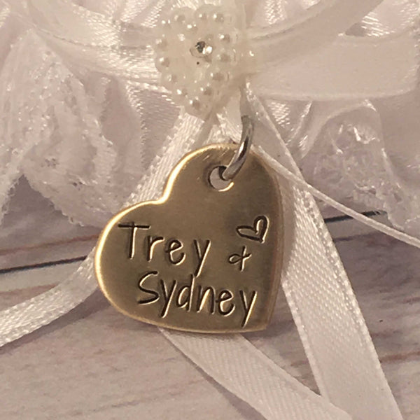 Hand Stamped, personalized Garter / bouquet charm #SIL - Completely Hammered